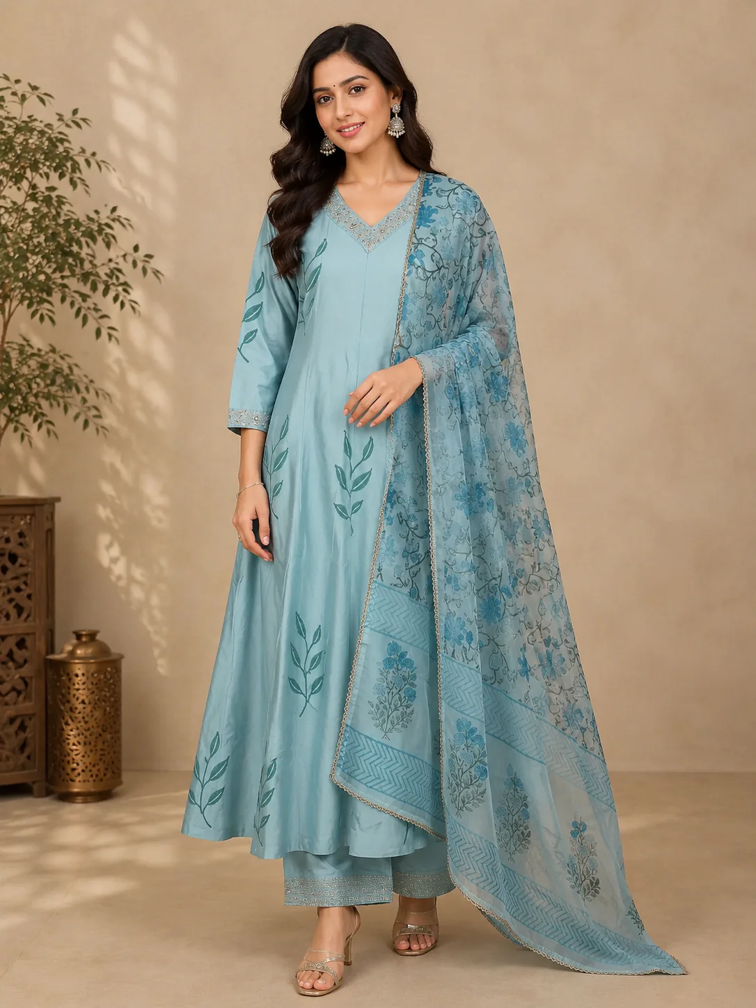 Cyan Blue Leaf Motif Printed Silk Anarkali Salwar Suit With Floral Printed Dupatta